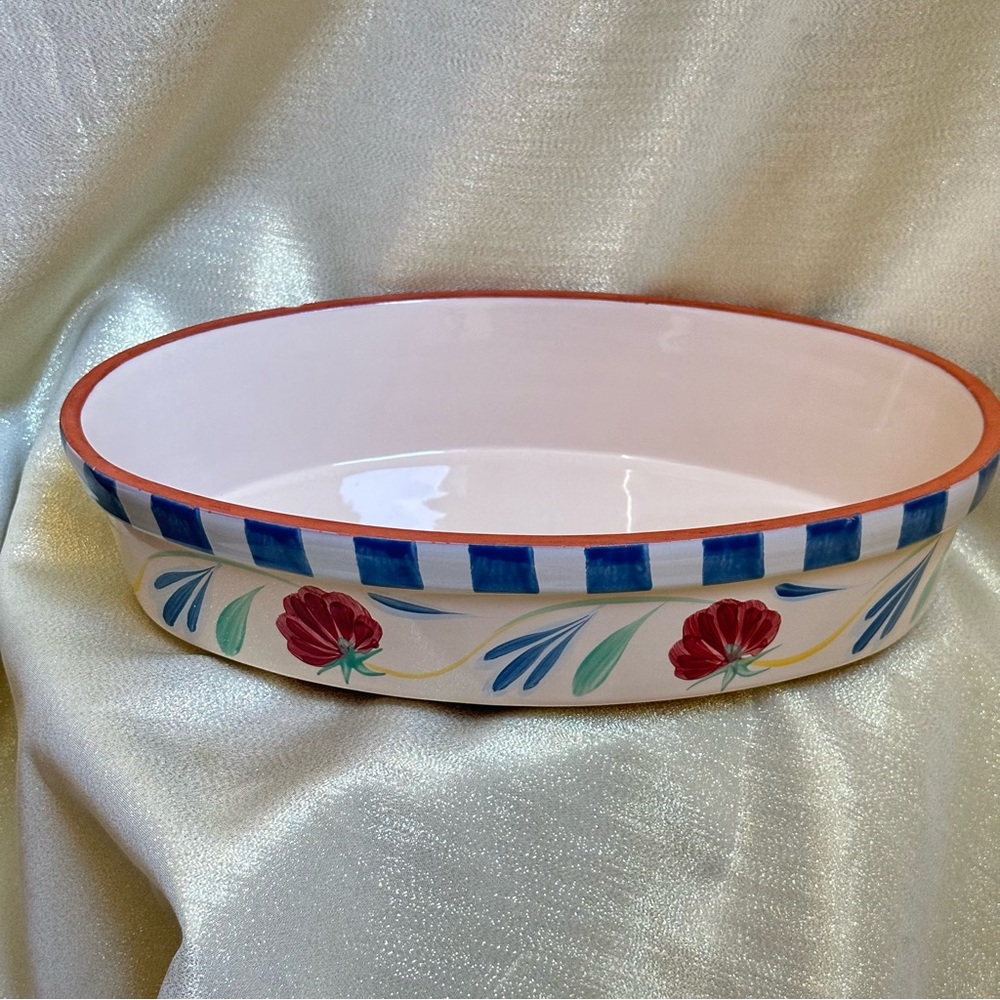 Lenox Poppies on Blue Oval Casserole Dish 14", Hand Painted Poppy Flowers,